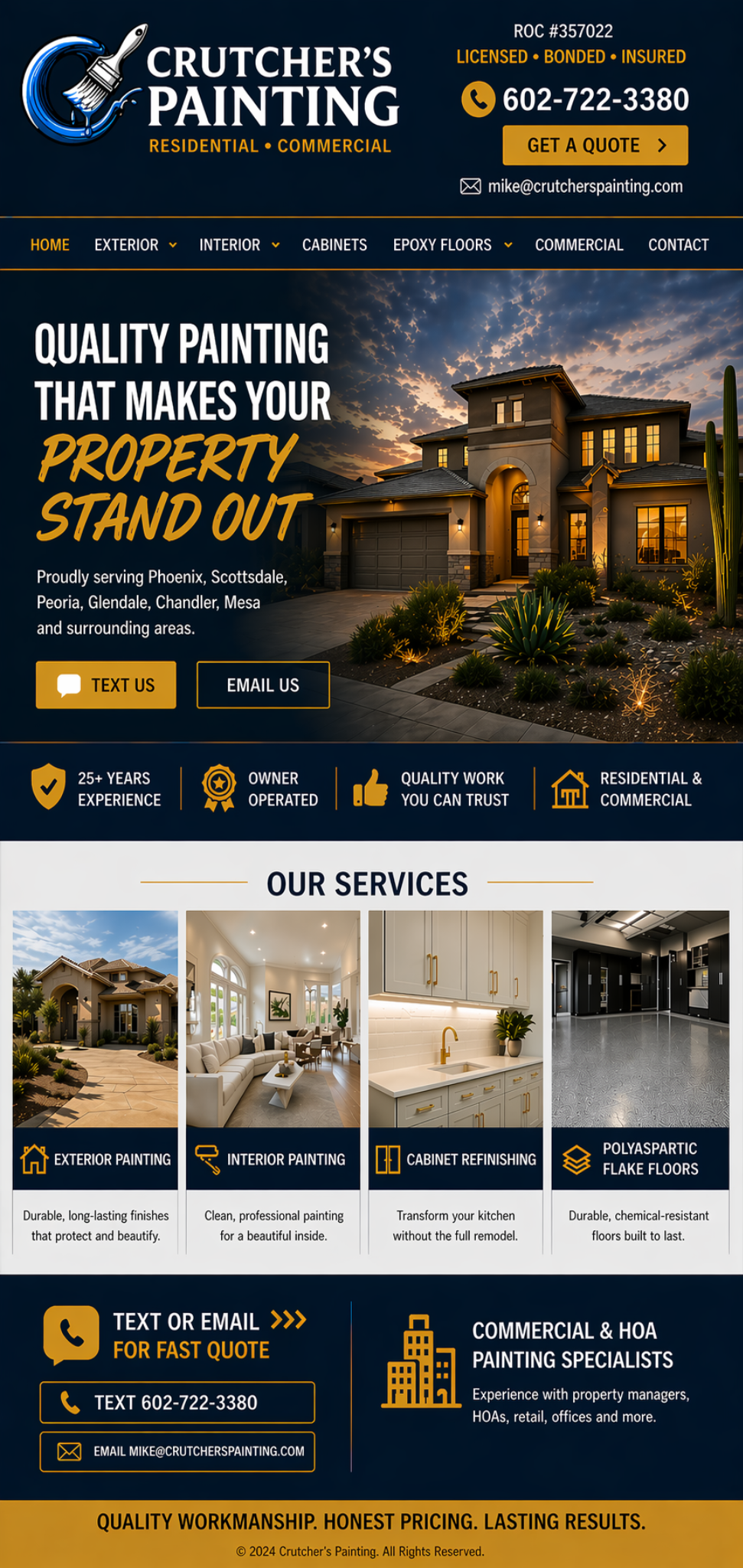 Crutchers Painting homepage with painting services, ROC number, phone number, email, and quote buttons